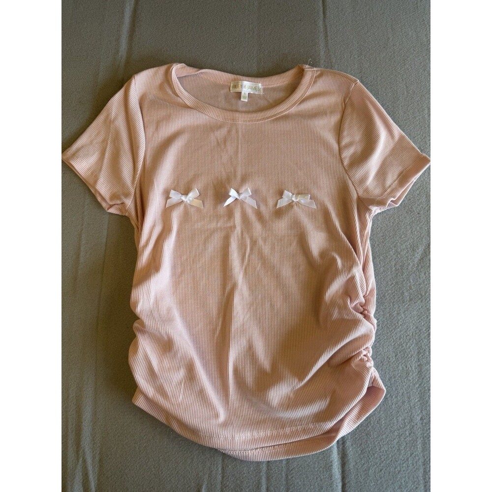 Riley & James Pink Ribbed Knit Bow Accent Short Sleeve T-Shirt Women's L